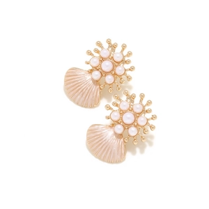 Close-up of gold shell earrings with pink enamel and white pearl cluster details