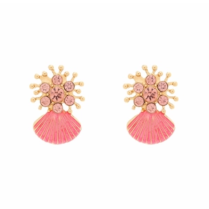 Colorful enamel shell earrings with gold coral branch and pink crystals in a pair