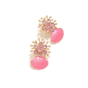 Pink enamel shell earrings with colorful crystals in a creative ocean-inspired design