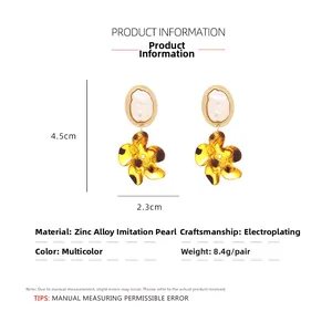 Close-up of leopard print flower earrings with baroque pearls and golden zinc alloy frames