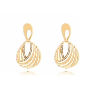 Golden hollow teardrop geometric earrings with spiral texture and crystal embellishments