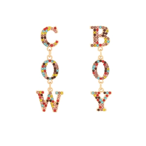 Vintage western cowboy dangle earrings with colorful crystals spelling COW BOY