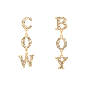 Retro western cowboy long earrings with gold metal letters C-O-W B-O-Y and sparkling rhinestones