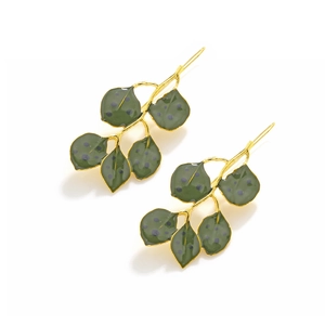 Elegant long enamel leaf earrings with handmade green and purple botanical patterns
