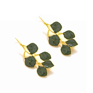 Handcrafted long leaf earrings with gold trim and dark green enamel for a luxury look