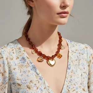 Collier En Perles De Résine Vintage Pendentif Cœur Et Fleur Imprimé Léopard En Alliage De Zinc Bijoux Réglables Pour Femmes