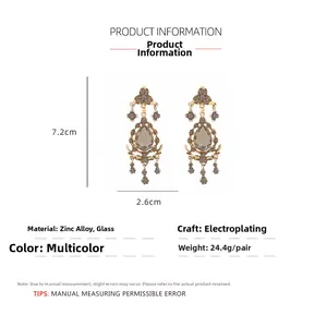 Detail view of retro long floral drop earrings showing size dimensions 7.2x2.6cm and materials