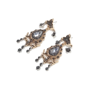 Vintage baroque drop earrings with dark grey crystals and floral gold alloy details