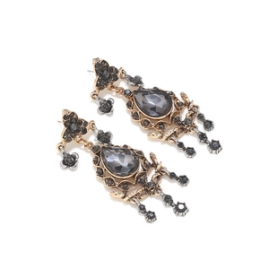 Vintage gold hollow-out floral drop earrings with grey crystals in Baroque style