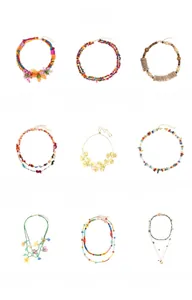Collage of nine Bohemian style necklaces with beads, alloy leaves and floral designs