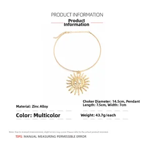Detailed view of oversized golden sun pendant necklace with facial relief on white background