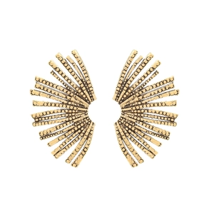 Retro golden radial fan-shaped leaf earrings with intricate relief texture on white background