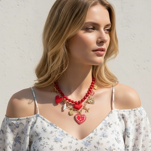 Layered Necklace Red Resin Beads Gold Color Alloy Heart Rose Flower Leaf Bow Enamel Pendant Imitation Artificial Pearl For Women