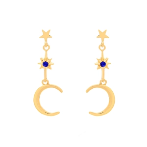 Exaggerated golden star and moon drop earrings with blue crystal accents for women