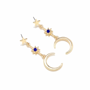 Bohemian gold celestial drop earrings with crescent moon, star, and blue crystals