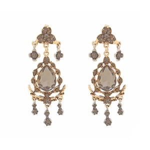Bohemian vintage long gold alloy drop earrings with grey rhinestones and clover design