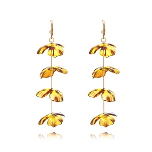 Long multi-layer leopard flower pendant tassel earrings in amber tortoiseshell finish