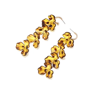 Long multi-layered leopard print flower tassel earrings with amber tortoise shell finish