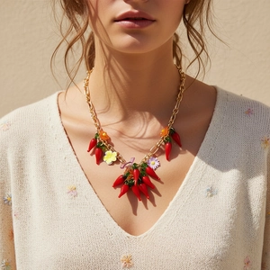 Collier Pendentif Piment Et Fleur Alliage De Zinc Verre Résine Bijoux De Mode Vintage Exagérés Pour Femmes