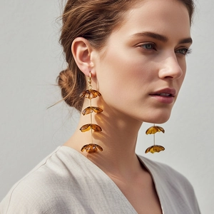 Long Tiered Resin Flower Dangle Earrings With Stainless Steel Earring Post Amber Leopard Print Tortoiseshell Fashion Jewelry