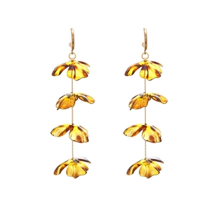 Long multilayer leopard floral tassel earrings in translucent amber resin finish