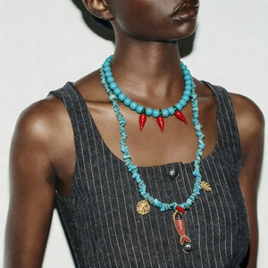 Bohemian Double Layer Necklace Synthetic Turquoise Beaded With Red Chili Pepper Fish Leaf Alloy Pendants For Women