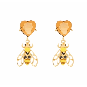 Chic heart-shaped amber crystal earrings with gold bee pendants and enamel detailing
