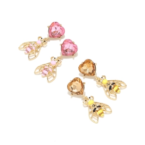 Fashion heart crystals and enamel bee drop earrings in pink and amber color set