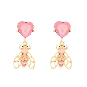 Pink heart crystal and golden honeybee drop earrings with colorful enamel accents