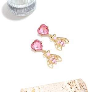 Fashion bee drop earrings featuring pink heart crystals and gold hollow wing details