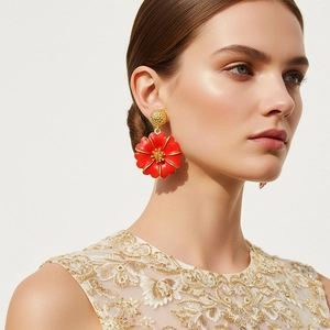 Boucles d'oreilles fleurs en émail rose avec détails dorés de style pastoral pour femme