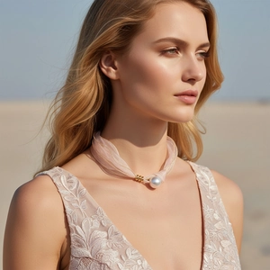 Collana Nastro Organza Elegante Con Grande Perla Artificial Sintetica Künstliche Perle Dorate Choker Regolabile Dolce Per Donna