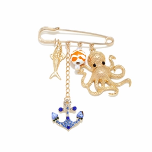 Golden ocean brooch with octopus, anchor, and crystal charms for waist tightening