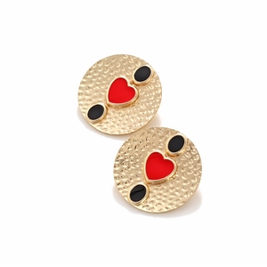 Hammered gold earrings with red heart and black enamel, vintage texture style for women