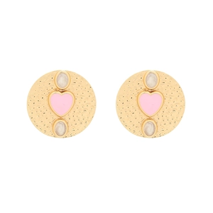 Handcrafted hammered gold round stud earrings with pink enamel heart and pearl accents