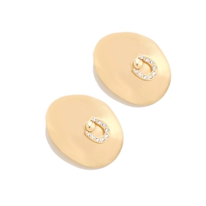Vintage gold oval stud earrings with horseshoe buckle design and micro-paved rhinestones