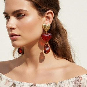 Vintage Heart Drop Earrings Long Layered Resin Tortoiseshell Pattern Alloy With Stainless Steel Earring Post For Women