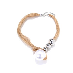 Elegant gold mesh tube necklace featuring silver metallic beads and a large white pearl