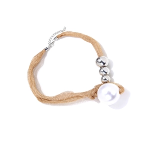 Gold mesh braided necklace with silver metal beads and a large white pearl pendant
