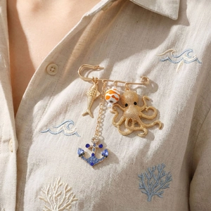 Alloy Safety Pin Brooch Exaggerated Ocean Theme Octopus Fish Anchor Blue Rhinestone Charms Women Clothing Decoration
