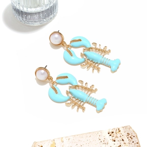 Light blue enamel lobster earrings with gold edges and white imitation pearls