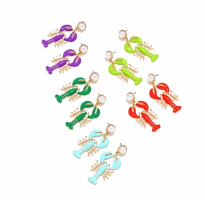 Detailed view of colorful lobster-shaped drop earrings with faux pearls in five colors