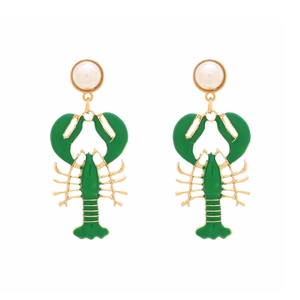 Detailed view of green enamel lobster earrings with gold edges and faux pearls