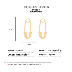 Detailed size chart for gold safety pin earrings, 5cm height and 2cm width dimension