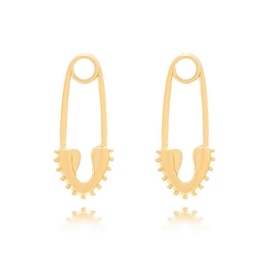 Retro gold safety pin earrings with textured hollow heart horseshoe charms on white background