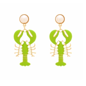 Exaggerated green lobster drop earrings with pearls and gold accents for women