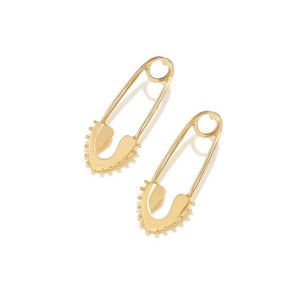Macro shot of gold-plated paperclip earrings with unique wavy bead texture on white background