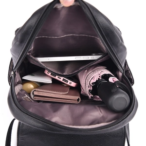Large capacity black pebble leather backpack with spacious interior compartments for daily items
