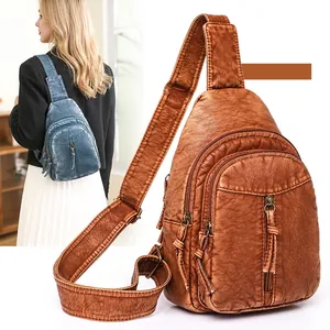 Vintage style PU leather crossbody chest bag with multi-zipper pockets and wide strap