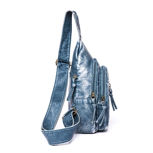 Blue vintage washed PU leather crossbody chest bag with three zipper pockets and adjustable strap